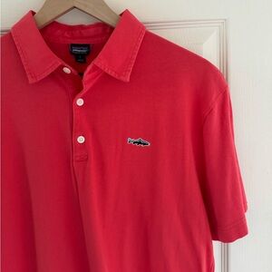Patagonia Fitz Roy Trout Polo Shirt Short Sleeve Organic Cotton Red